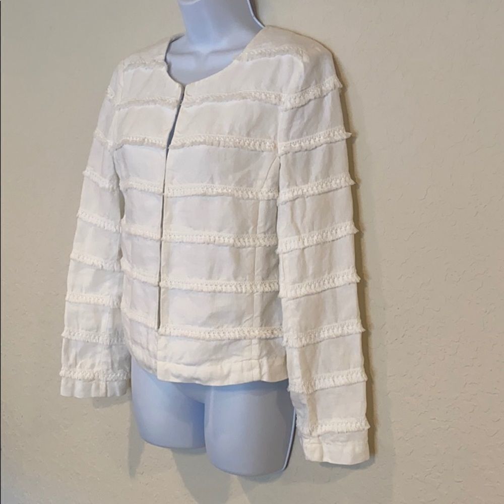 120% Lino White Fringe Jacket Hook & Eye Closure Size 6 - Picture 9 of 16